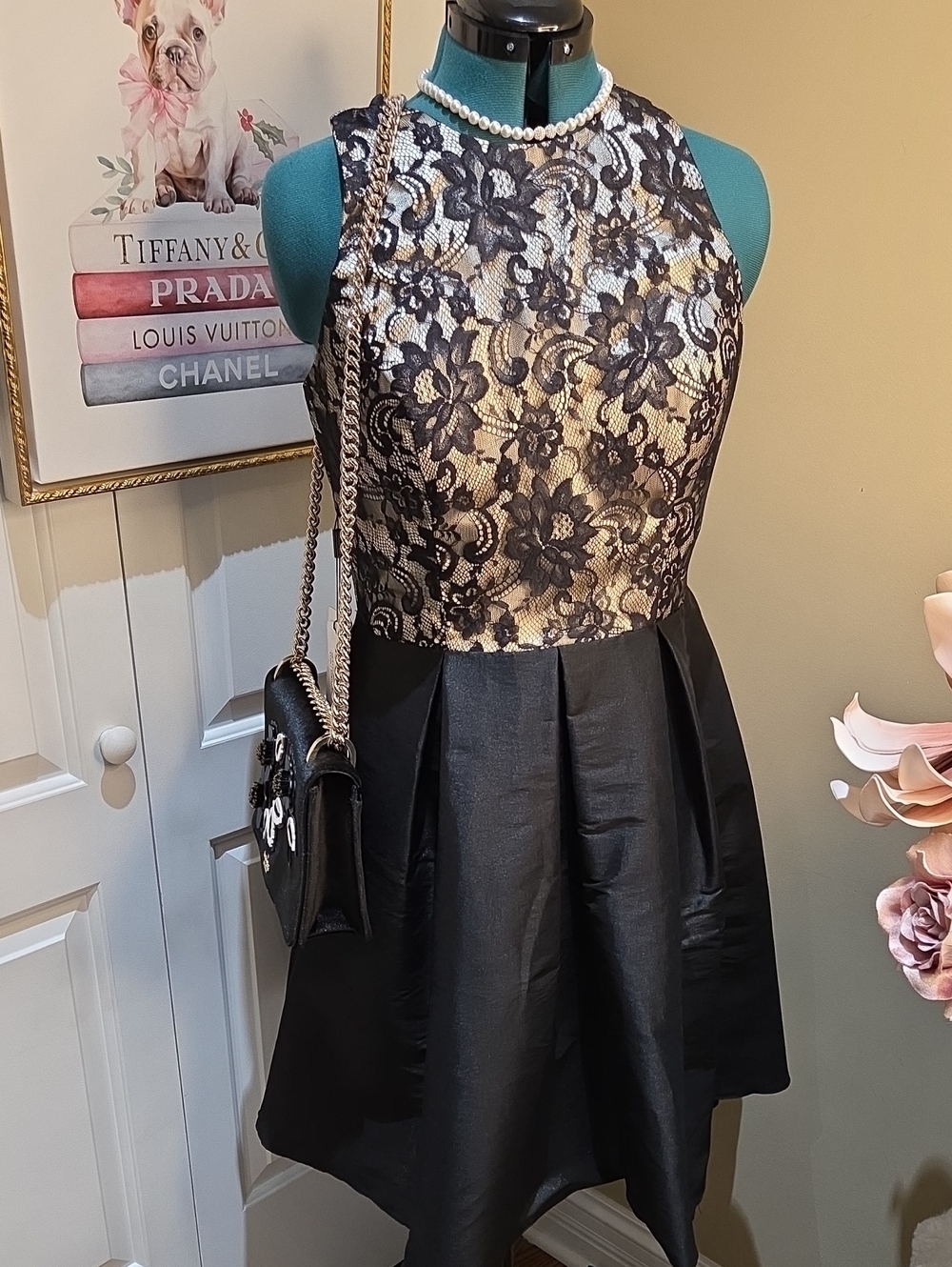 Nwt 14 JJs House Black and Champagne Lace Fit-and-Flare Occasion Dress